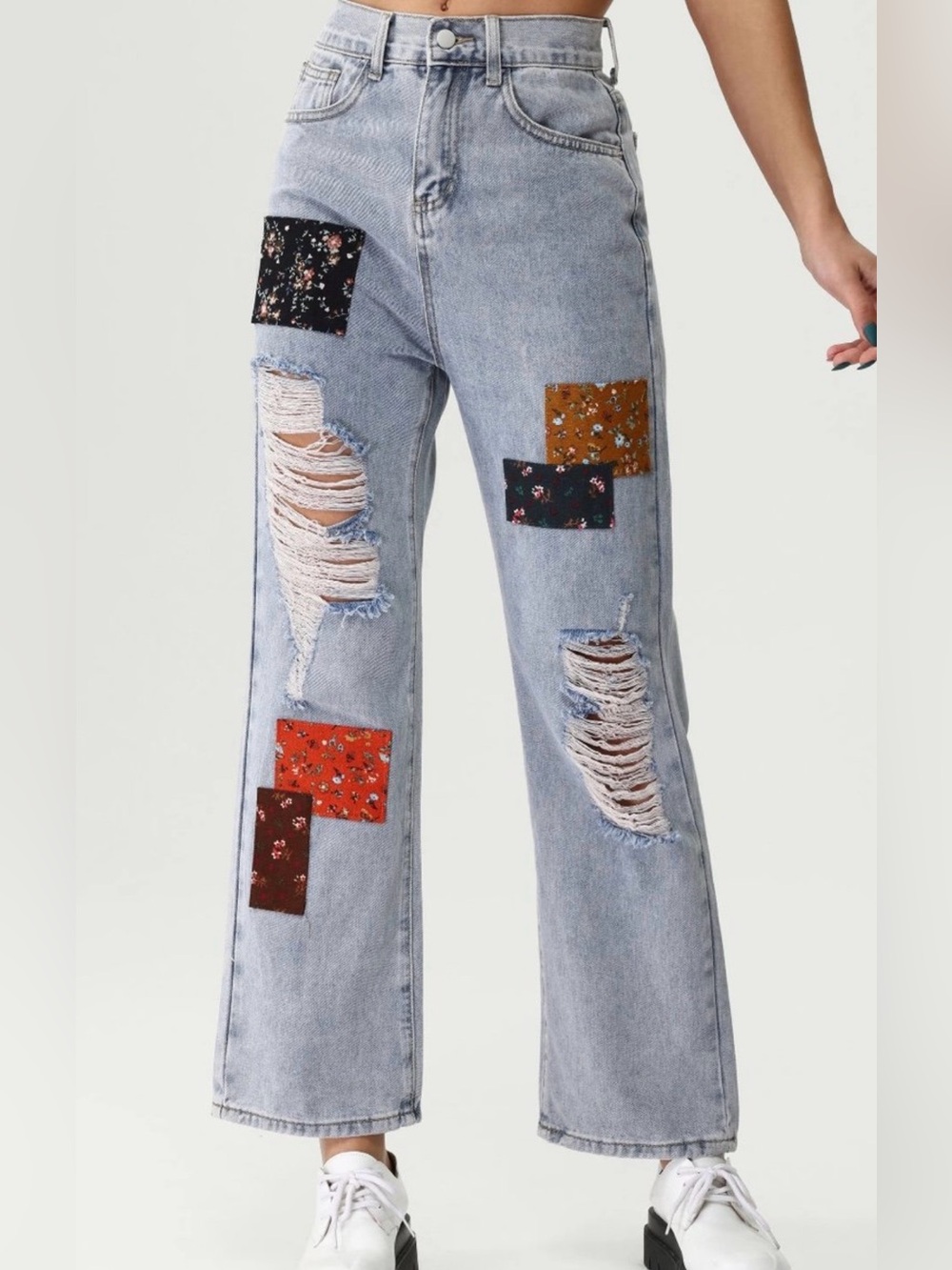 Cider Light Blue Distressed Wide-Leg Jeans with Floral Patchwork